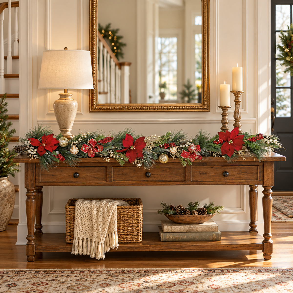 Poinsettia & Ball Ornament Artificial Garland, 60"