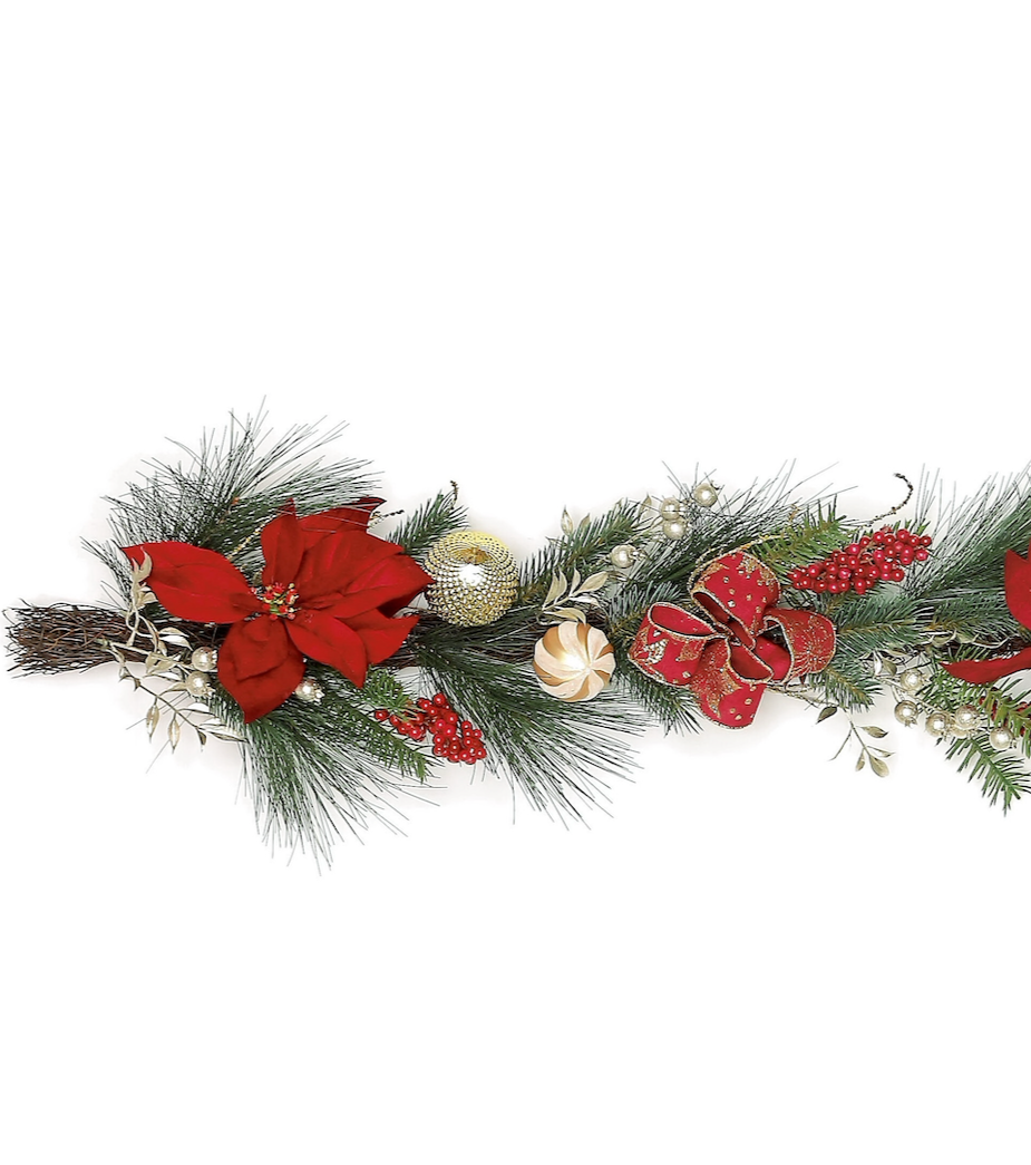 Poinsettia & Ball Ornament Artificial Garland, 60"-Seasonal Decor-Simple and Grand-Simple and Grand