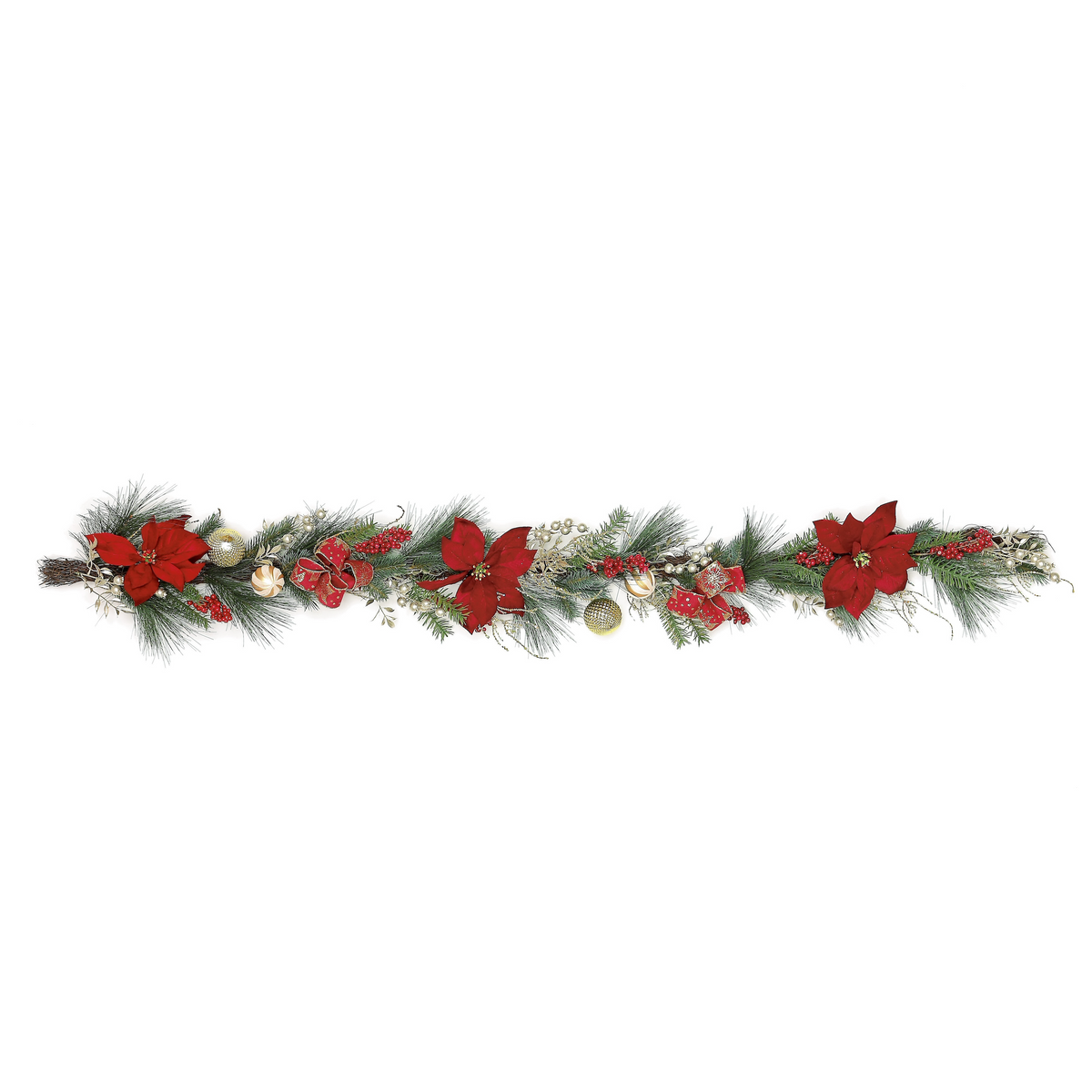 Poinsettia & Ball Ornament Artificial Garland, 60"-Seasonal Decor-Simple and Grand-Simple and Grand