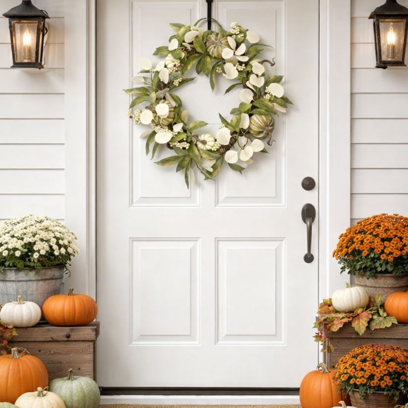 Front door with floral wreath, pumpkins, and potted plants on a white wall.