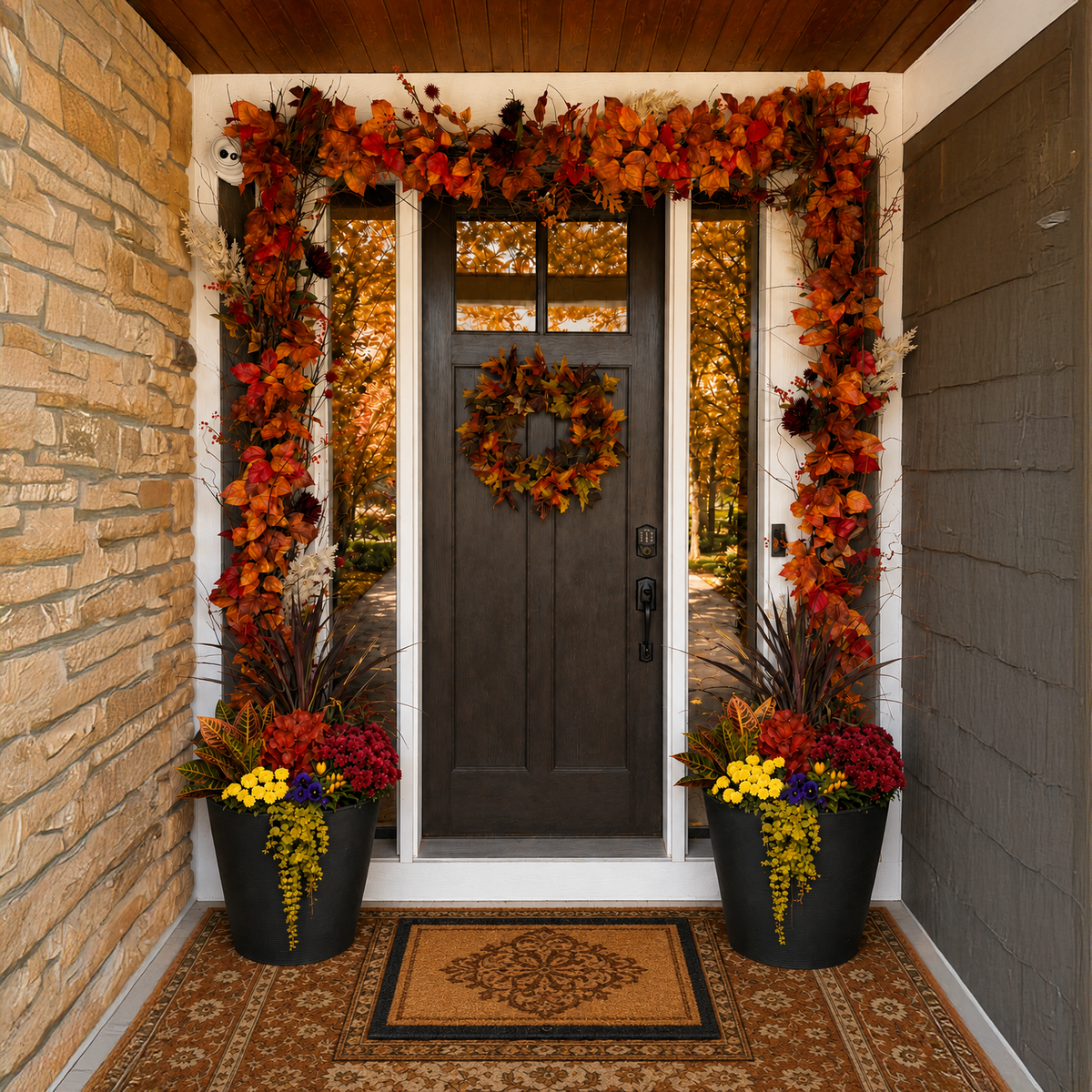A front door decorated for autumn with a leafy wreath and matching garlands, flanked by two large black planters with colorful fall flowers, set on a patterned rug in front of a stone and wood porch.