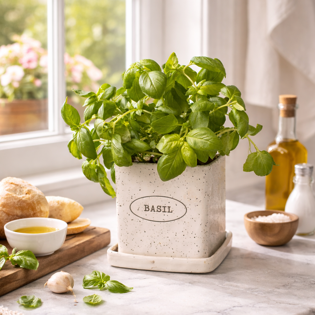 Fresh Basil Pot and Saucer, 4.75"-Seasonal Decor-Simple and Grand-Simple and Grand