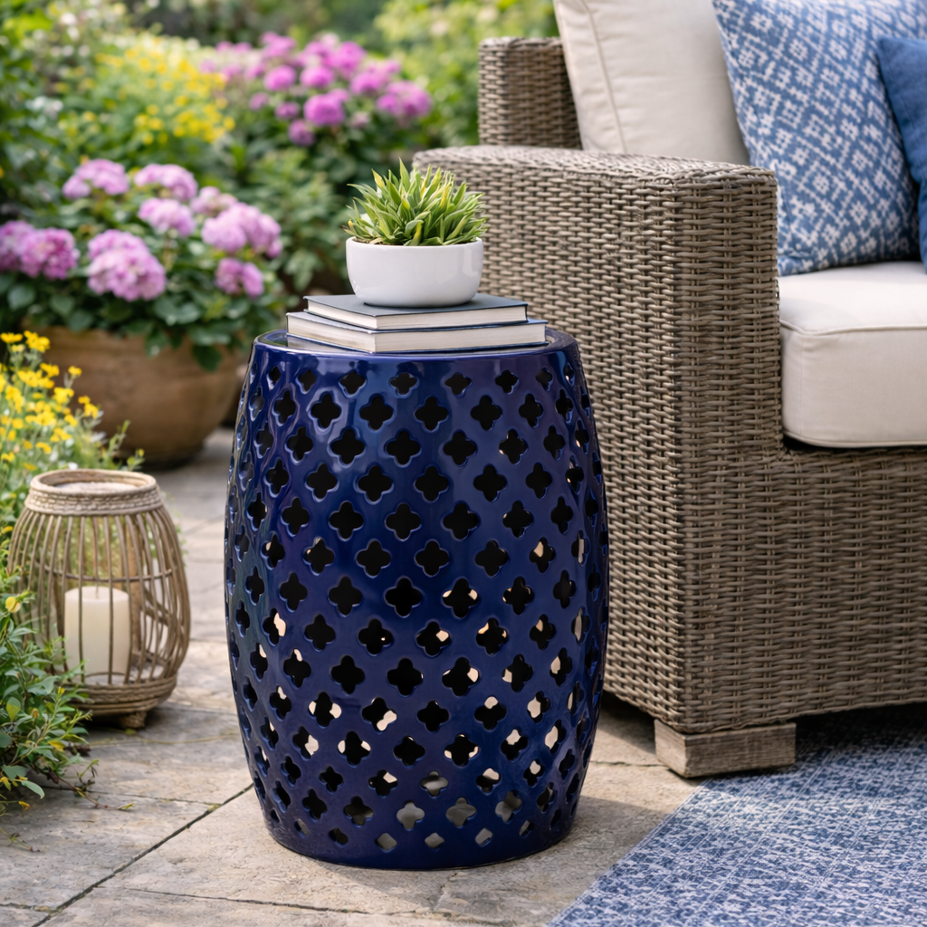 blue plant pot with stand Blue Metal Plant Stand, 18"
