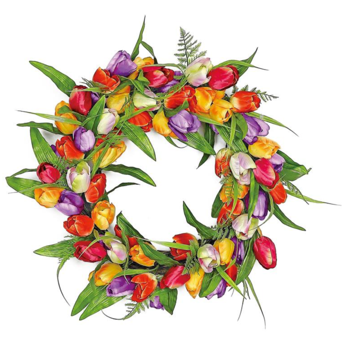 Mixed Tulip and Fern Silk Wreath, 20"-Seasonal Decor-Simple and Grand-Simple and Grand