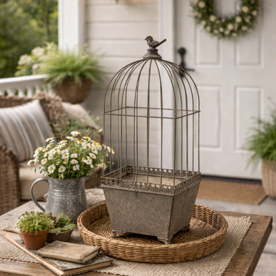 Decorative birdcage on a table with plants and a door in the background