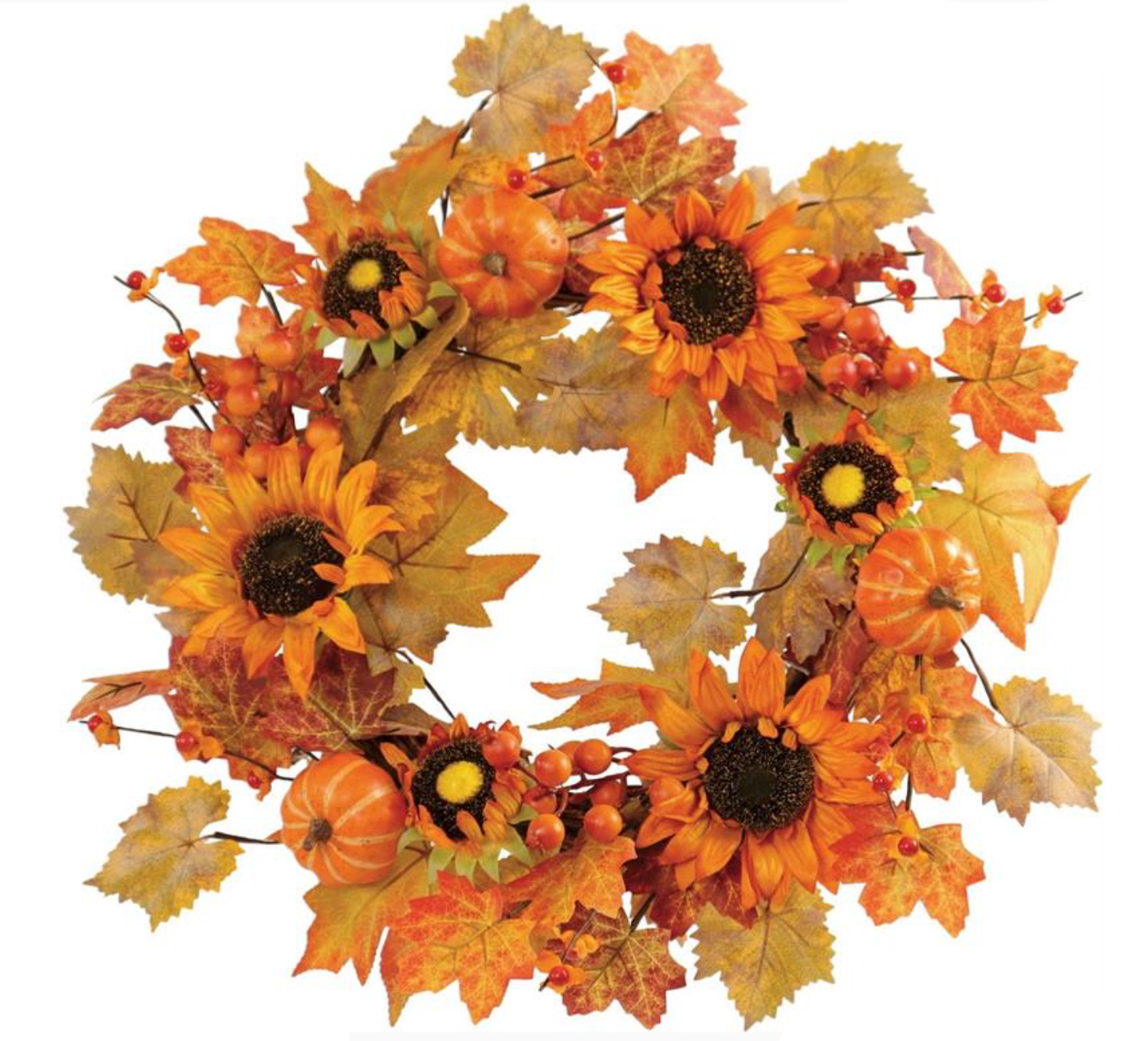 An autumn-themed artificial wreath featuring orange and yellow sunflowers, fall leaves, small pumpkins, and berries on a white background.