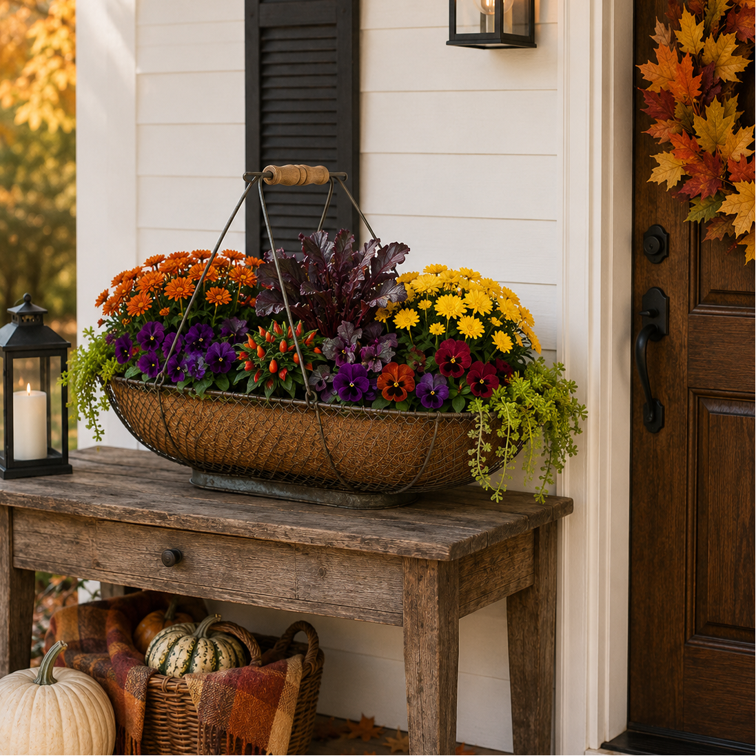 Wire Handled Basket with seasonal arrangement, 26.75"