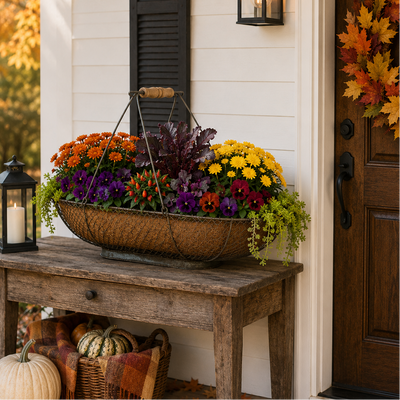 Wire Handled Basket with seasonal arrangement, 26.75"