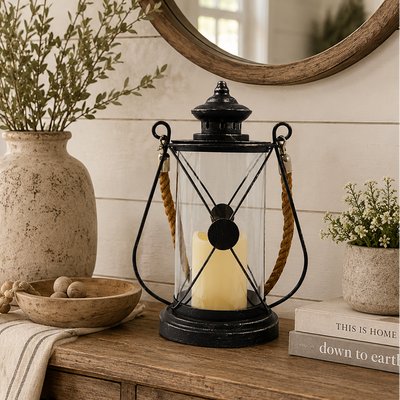 Round Lantern with Candle, 13"