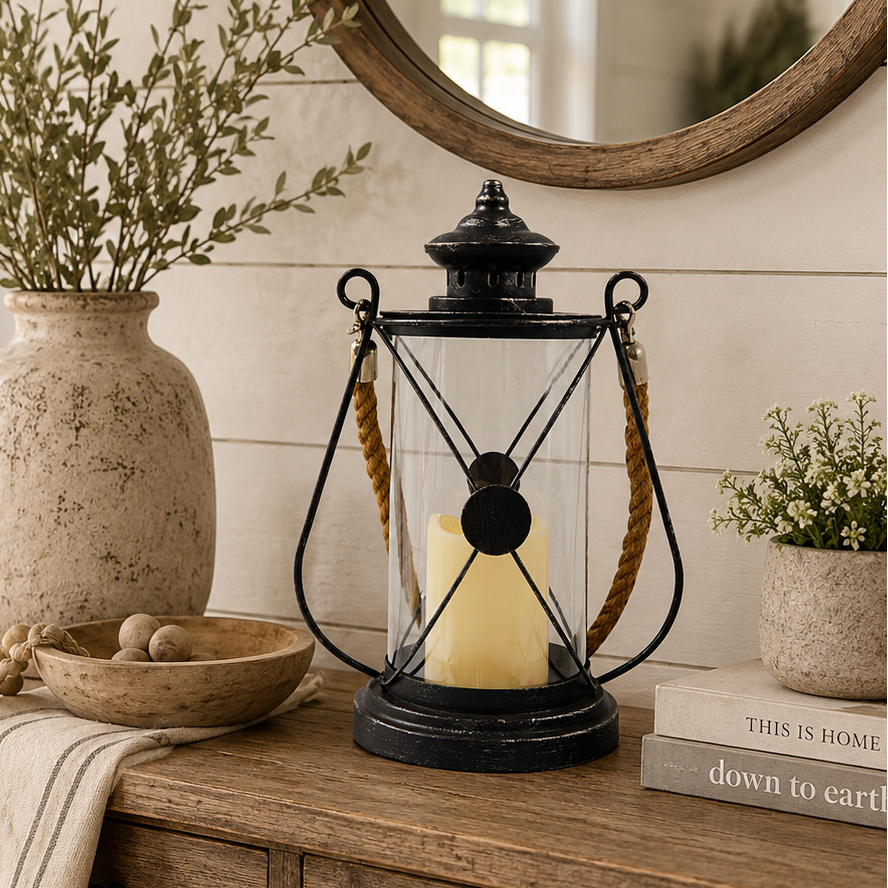 Round Lantern with Candle, 13"