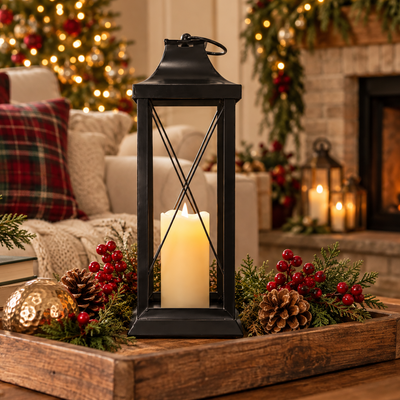 Square Lantern w/ Candle, 18.25"