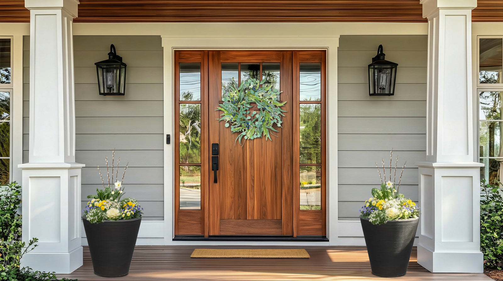 front porch with planters and wreath on it