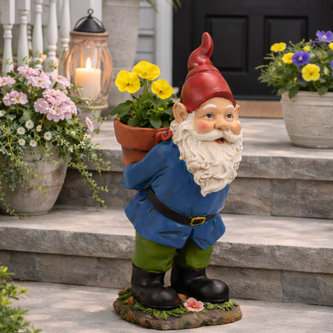 Gnome w/Flower Pot, 15"-Seasonal Decor-Simple and Grand-Simple and Grand