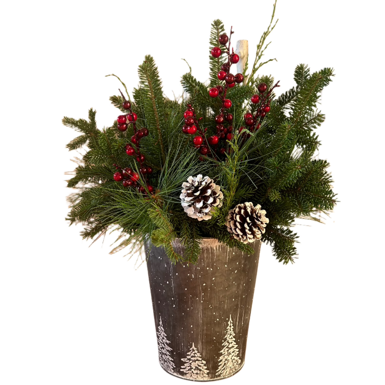 Outdoor Arrangement in Handled Bucket, 17" tall-Seasonal Decor-Simple and Grand-Simple and Grand
