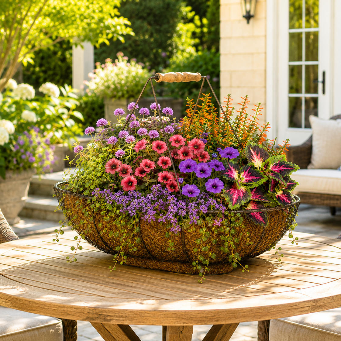 Wire Handled Basket with seasonal arrangement, 26.75"