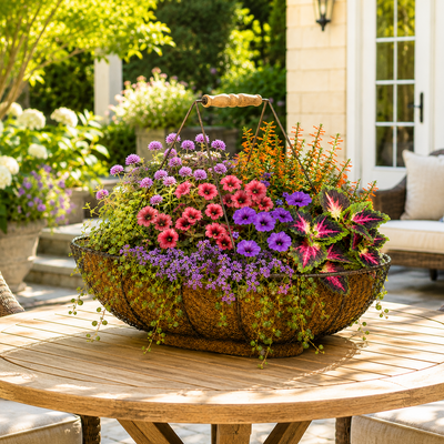 Wire Handled Basket with seasonal arrangement, 26.75"