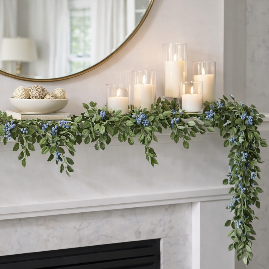 Blueberry & Foliage Faux Garland, 72"-Seasonal Decor-Simple and Grand-Simple and Grand
