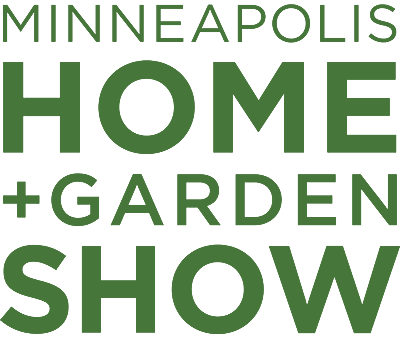 Logo for the Minneapolis Home + Garden Show with green text on a white background