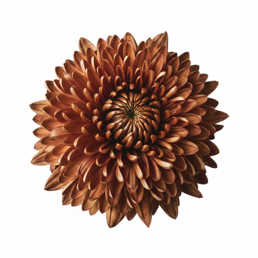 A single dried chrysanthemum flower in a rich copper-brown color, photographed from directly above on a solid white background.