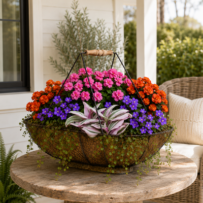 Wire Handled Basket with seasonal arrangement, 26.75"